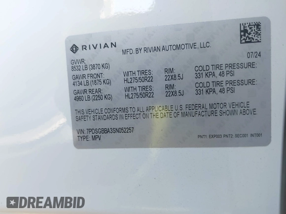 2025 Rivian R1S Adventure z VIN 7PDSGBBA3SN052257, wystawiony jako IAAI lot #41289615 z przebiegiem 2746 mil mil oraz . Historia ofert i sprzedaży dostępna na DreamBid. Obrazek 9.