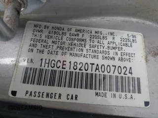 1996 Honda Accord LX with VIN 1HGCE1820TA007024, listed as a IAAI auction lot 42173518 with 236,276 mi miles and . Bid and sale history available at carsss.com. Image 9.