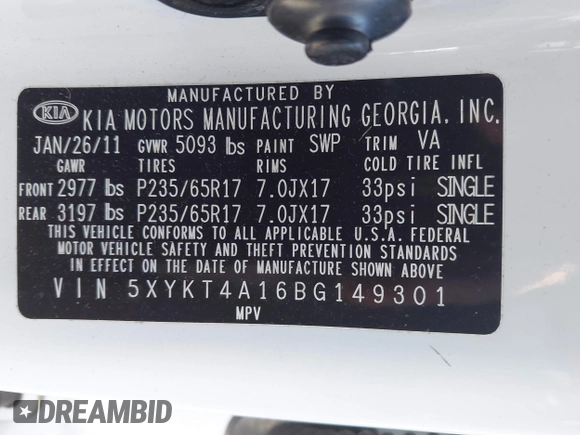 2011 Kia Sorento LX with VIN 5XYKT4A16BG149301, listed as a IAAI auction lot 41857018 with 169,963 mi miles. Bid and sale history available at carsss.com. Image 9.