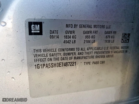2014 Chevrolet Cruze LS with VIN 1G1PA5SH0E7487221, listed as a Copart auction lot 48342245 with 134,240 mi miles and Salvage Title. Bid and sale history available at carsss.com. Image 13.