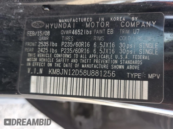 2008 Hyundai Tucson SE with VIN KM8JN12D58U881256, listed as a Copart auction lot 67509304 with 178,522 mi miles and Salvage Title. Bid and sale history available at carsss.com. Image 13.