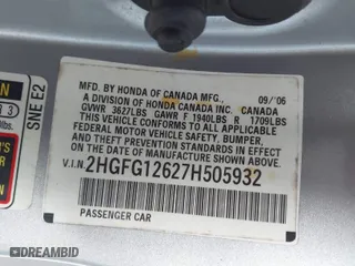 2007 Honda Civic Cpe LX with VIN 2HGFG12627H505932, listed as a IAAI auction lot 41609140 with 188,438 mi miles. Bid and sale history available at carsss.com. Image 9.