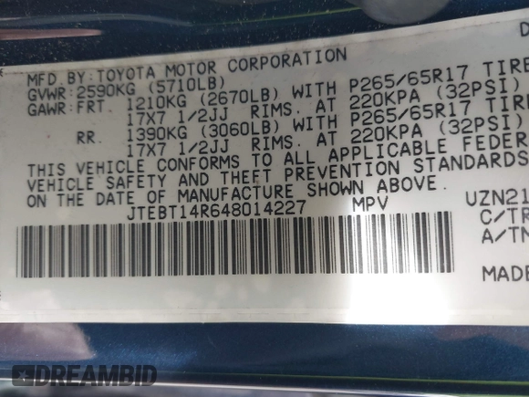 2004 Toyota 4Runner SR5 with VIN JTEBT14R648014227, listed as a IAAI auction lot 41582930 with 217,348 mi miles and . Bid and sale history available at DreamBid. Image 9.