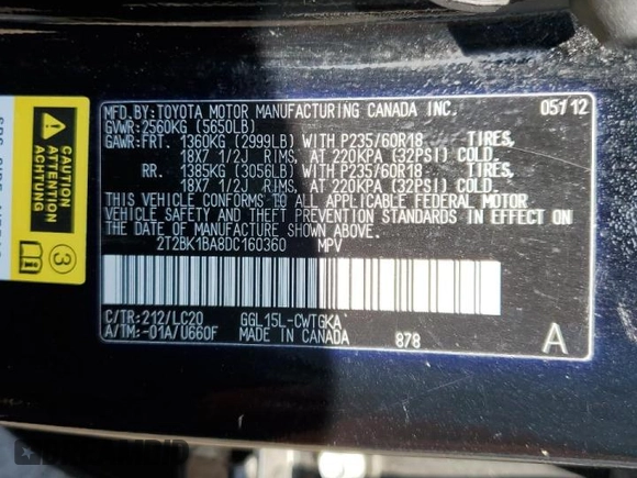 2013 Lexus RX 350 with VIN 2T2BK1BA8DC160360, listed as a Copart auction lot 55878065 with 115,900 mi miles and Salvage title. Bid and sale history available at DreamBid. Image 13.