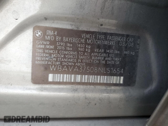 2008 BMW 3 Series 328i with VIN WBAVA37508NL51654, listed as a Copart auction lot 85218154 with 169,260 mi miles and Salvage Title. Bid and sale history available at DreamBid. Image 14.