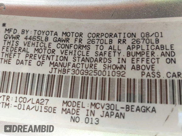 2002 Lexus ES 300 с VIN JTHBF30G925001092, выставлен на аукционе IAAI как лот 42226709 с пробегом 243 528 миль миль и . История ставок и продаж доступна на DreamBid. Изображение 9.