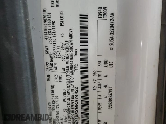 2022 Ford Transit Cargo with VIN 1FTBR3X8XNKA74422, listed as a Copart auction lot 60477255 with 81,699 mi miles and Salvage title. Bid and sale history available at DreamBid. Image 13.