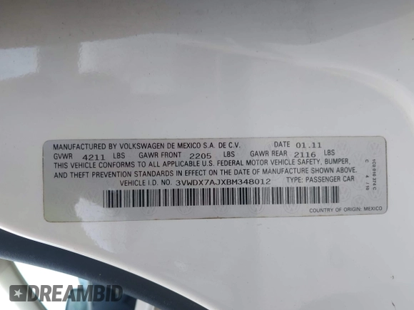 2011 Volkswagen Jetta SE with VIN 3VWDX7AJXBM348012, listed as a IAAI auction lot 42725404 with 235,361 mi miles and . Bid and sale history available at DreamBid. Image 9.