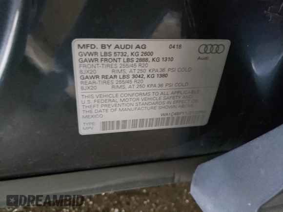 2018 Audi SQ5 with VIN WA1C4BFY1J2170958, listed as a Copart auction lot 62245183 with 46,339 mi miles and . Bid and sale history available at DreamBid. Image 12.