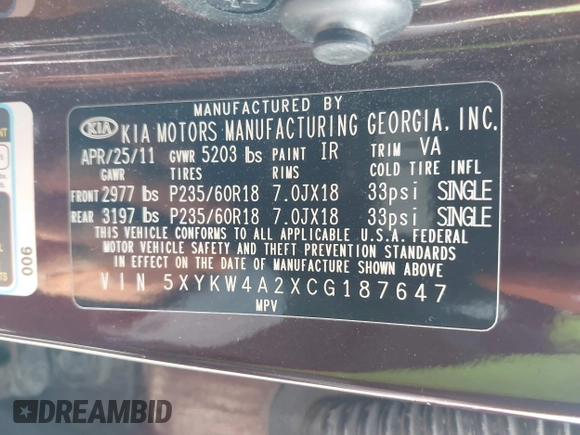 2012 Kia Sorento SX with VIN 5XYKW4A2XCG187647, listed as a IAAI auction lot 42020667 with 210,689 mi miles. Bid and sale history available at carsss.com. Image 9.