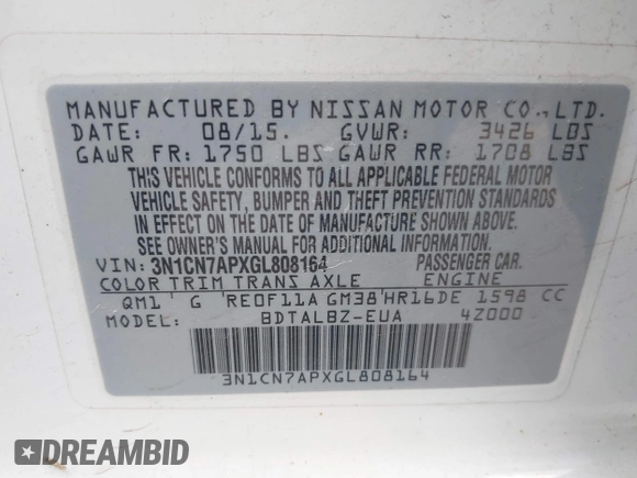 2016 Nissan Versa S with VIN 3N1CN7APXGL808164, listed as a IAAI auction lot 41815979 with 169,000 mi miles. Bid and sale history available at carsss.com. Image 9.