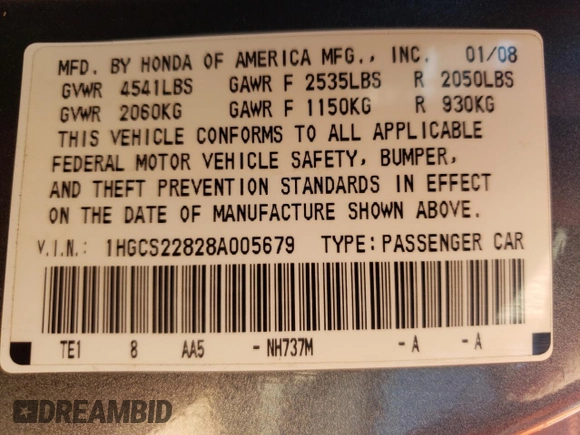2008 Honda Accord EX-L z VIN 1HGCS22828A005679, wystawiony jako Copart lot #80211314 z przebiegiem 199 041 mil mil oraz Szkoda całkowita • Salvage title. Historia ofert i sprzedaży dostępna na DreamBid. Obrazek 15.