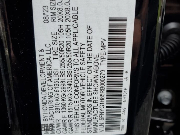 2024 Honda Pilot Elite with VIN 5FNYG1H85RB000279, listed as a Copart auction lot 69531174 with 8,664 mi miles and Salvage Title. Bid and sale history available at carsss.com. Image 13.