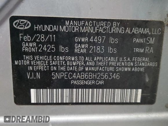 2011 Hyundai Sonata SE with VIN 5NPEC4AB6BH256346, listed as a Copart auction lot 43411485 with 147,336 mi miles and Clean Title. Bid and sale history available at DreamBid. Image 12.
