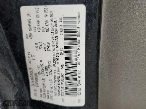 2007 Dodge 2500 Laramie with VIN 3D7KS29A37G841087, listed as a Copart auction lot 43170905 with 234,584 mi miles and Salvage Title. Bid and sale history available at DreamBid. Image 12.