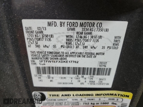 2013 Ford F-150 XL with VIN 1FTFW1EFXDKE17762, listed as a Copart auction lot 79277004 with 182,195 mi miles and Clean title. Bid and sale history available at DreamBid. Image 12.