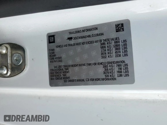 2020 Chevrolet Silverado 1500 Work Truck with VIN 3GCNWAEH8LG106494, listed as a Copart auction lot 45285445 with 94,317 mi miles and Salvage Title. Bid and sale history available at DreamBid. Image 12.