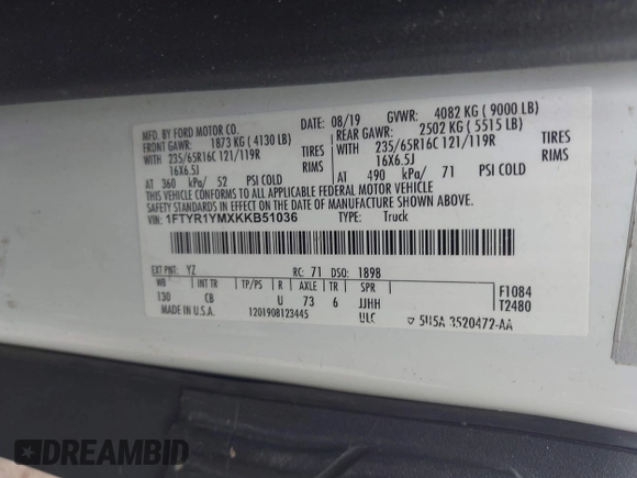 2019 Ford Transit with VIN 1FTYR1YMXKKB51036, listed as a IAAI auction lot 41965825 with 109,357 mi miles. Bid and sale history available at carsss.com. Image 9.