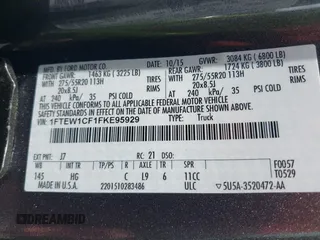 2015 Ford F-150 XL with VIN 1FTEW1CF1FKE95929, listed as a IAAI auction lot 42365386 with 49,479 mi miles and . Bid and sale history available at DreamBid. Image 9.