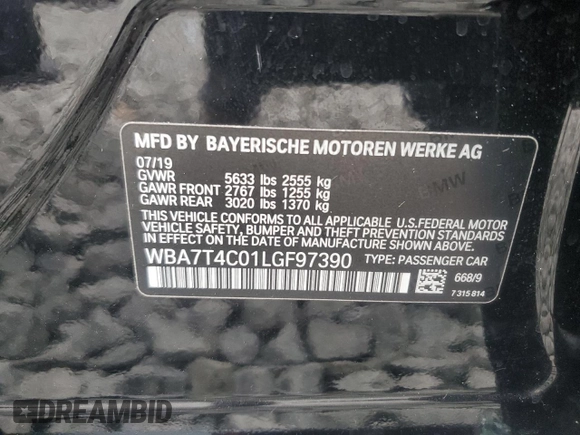 2020 BMW 7 Series 740i xDrive with VIN WBA7T4C01LGF97390, listed as a Copart auction lot 47639165 with Not provided miles and Salvage title. Bid and sale history available at DreamBid. Image 14.