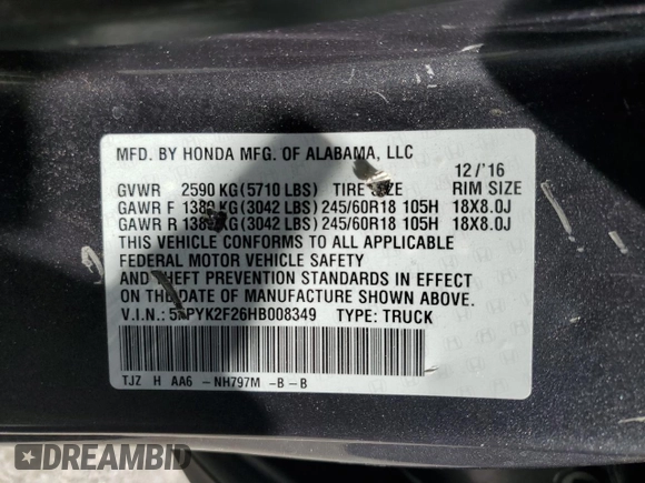 2017 Honda Ridgeline RT with VIN 5FPYK2F26HB008349, listed as a Copart auction lot 56672595 with 222,528 mi miles and Salvage title. Bid and sale history available at DreamBid. Image 12.