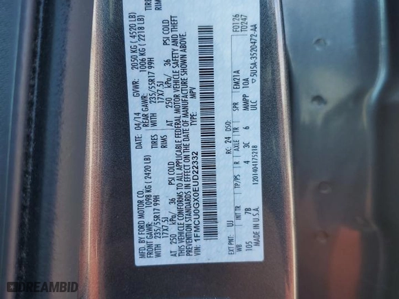 2014 Ford Escape SE with VIN 1FMCU0GX0EUD22332, listed as a Copart auction lot 45260705 with 126,857 mi miles and Clean Title. Bid and sale history available at carsss.com. Image 13.