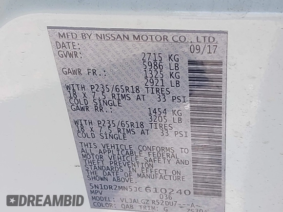 2018 Nissan Pathfinder SL with VIN 5N1DR2MN5JC610240, listed as a IAAI auction lot 41841057 with 100,217 mi miles and . Bid and sale history available at DreamBid. Image 9.