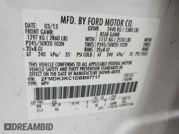 2013 Ford Edge Limited с VIN 2FMDK3KC1DBB97717, выставлен на аукционе Copart как лот 61457395 с пробегом 163 315 миль миль и Списание • Salvage title. История ставок и продаж доступна на DreamBid. Изображение 13.