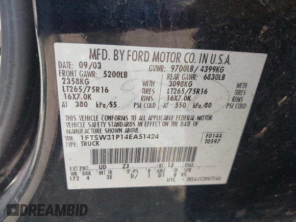 2004 Ford F-350 XL с VIN 1FTSW31P14EA51424, выставлен на аукционе IAAI как лот 42070460 с пробегом Не указан миль и . История ставок и продаж доступна на DreamBid. Изображение 9.