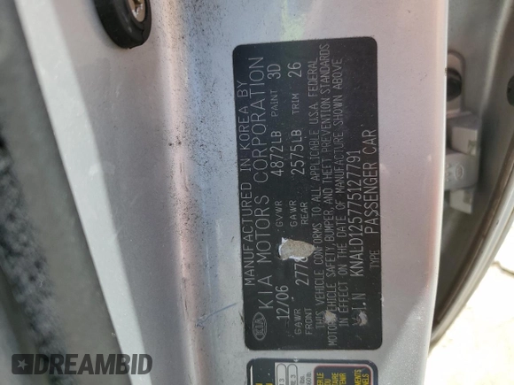 2007 Kia Amanti with VIN KNALD125775127791, listed as a Copart auction lot 52258745 with 226,896 mi miles and Salvage Title. Bid and sale history available at carsss.com. Image 12.