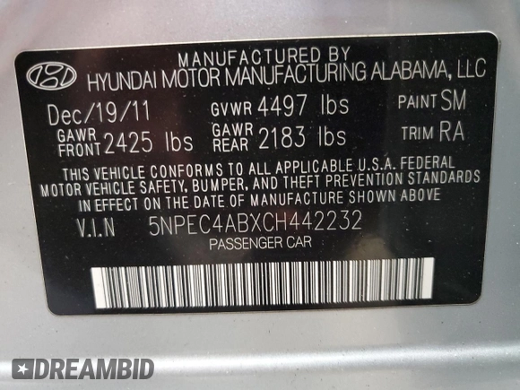 2012 Hyundai Sonata Limited with VIN 5NPEC4ABXCH442232, listed as a Copart auction lot 52667145 with 78,213 mi miles and Clean Title. Bid and sale history available at DreamBid. Image 12.