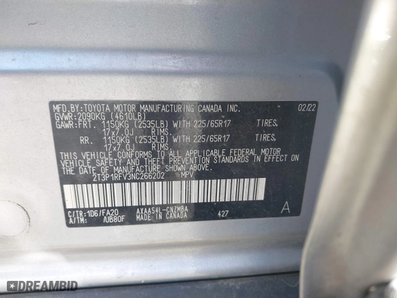 2022 Toyota RAV4 XLE with VIN 2T3P1RFV3NC266202, listed as a IAAI auction lot 41702818 with 62,043 mi miles. Bid and sale history available at carsss.com. Image 9.