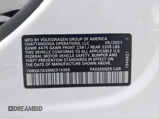 2021 Volkswagen Passat SE with VIN 1VWSA7A38MC014396, listed as a IAAI auction lot 42201818 with 62,193 mi miles and . Bid and sale history available at DreamBid. Image 9.