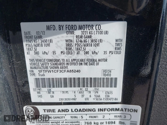 2012 Ford F-150 XL with VIN 1FTFW1CF3CFA85240, listed as a IAAI auction lot 41809630 with 220,199 mi miles. Bid and sale history available at carsss.com. Image 9.