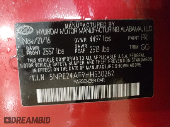 2017 Hyundai Sonata 2.4L with VIN 5NPE24AF9HH530282, listed as a Copart auction lot 51539005 with 109,626 mi miles and Salvage Title. Bid and sale history available at DreamBid. Image 12.