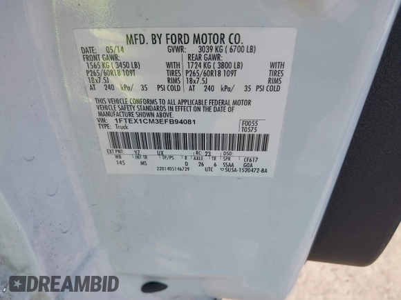2014 Ford F-150 XL with VIN 1FTEX1CM3EFB94081, listed as a IAAI auction lot 40991423 with 190,785 mi miles. Bid and sale history available at carsss.com. Image 9.