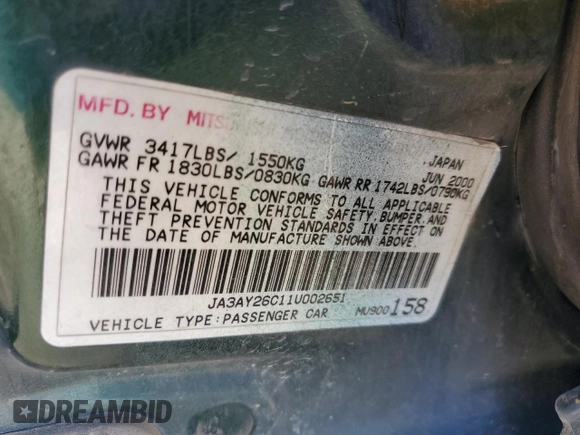 2001 Mitsubishi Mirage ES z VIN JA3AY26C11U002651, wystawiony jako Copart lot #55161755 z przebiegiem 209 883 mil mil oraz Szkoda całkowita • Salvage title. Historia ofert i sprzedaży dostępna na DreamBid. Obrazek 13.