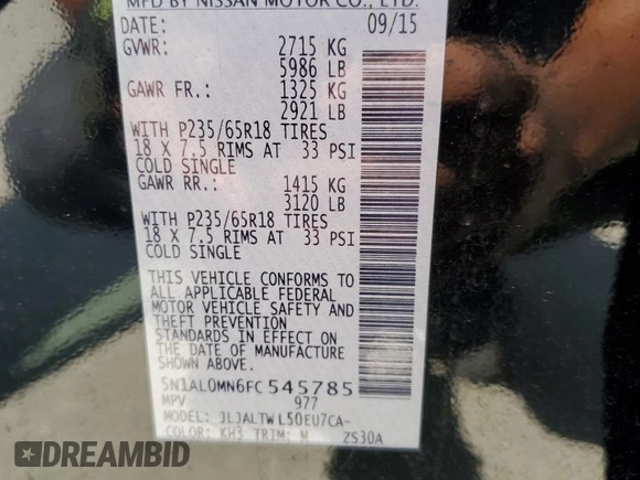 2015 Infiniti QX60 with VIN 5N1AL0MN6FC545785, listed as a Copart auction lot 54562935 with 80,891 mi miles and Salvage Title. Bid and sale history available at DreamBid. Image 13.