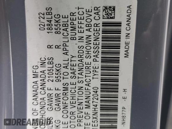 2022 Honda Civic Si with VIN 2HGFE1E5XNH472040, listed as a Copart auction lot 52603935 with 39,675 mi miles and Salvage Title. Bid and sale history available at DreamBid. Image 13.