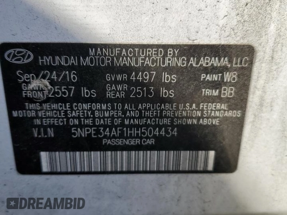 2017 Hyundai Sonata Sport with VIN 5NPE34AF1HH504434, listed as a Copart auction lot 44052835 with 115,837 mi miles and Salvage Title. Bid and sale history available at DreamBid. Image 14.