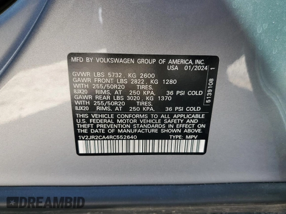 2024 Volkswagen Atlas SE z VIN 1V2JR2CA4RC552640, wystawiony jako Copart lot #48575215 z przebiegiem 9 365 mil mil oraz Nie do naprawy • Non repairable. Historia ofert i sprzedaży dostępna na DreamBid. Obrazek 16.