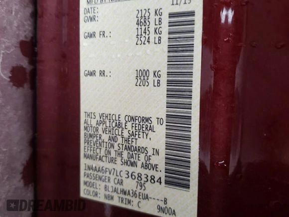 2020 Nissan Maxima Platinum with VIN 1N4AA6FV7LC368384, listed as a Copart auction lot 54126325 with Not Provided miles and Salvage Title. Bid and sale history available at DreamBid. Image 12.