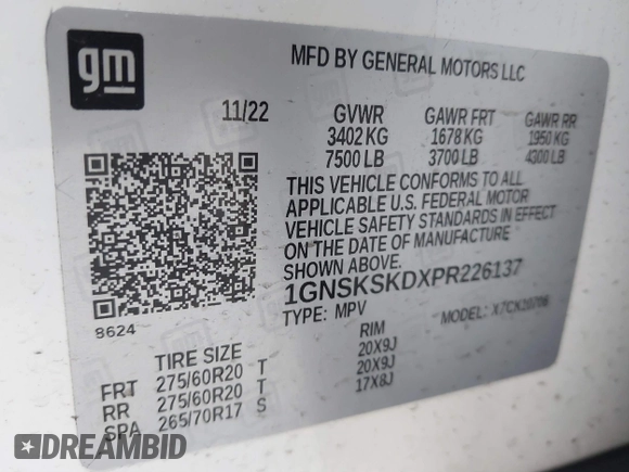 2023 Chevrolet Tahoe Premier with VIN 1GNSKSKDXPR226137, listed as a IAAI auction lot 41457105 with 55,715 mi miles and . Bid and sale history available at DreamBid. Image 9.