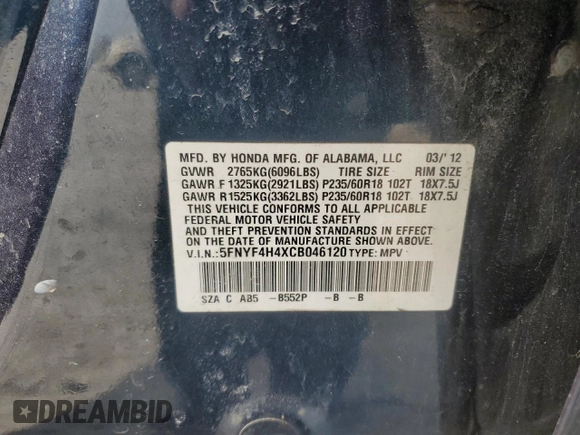 2012 Honda Pilot EX with VIN 5FNYF4H4XCB046120, listed as a Copart auction lot 47876155 with 254,854 mi miles and Non Repairable. Bid and sale history available at DreamBid. Image 13.