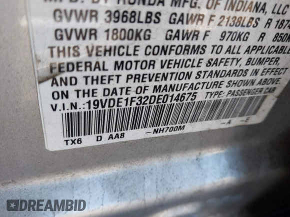 2013 Acura ILX with VIN 19VDE1F32DE014675, listed as a IAAI auction lot 41867371 with 177,361 mi miles. Bid and sale history available at carsss.com. Image 9.