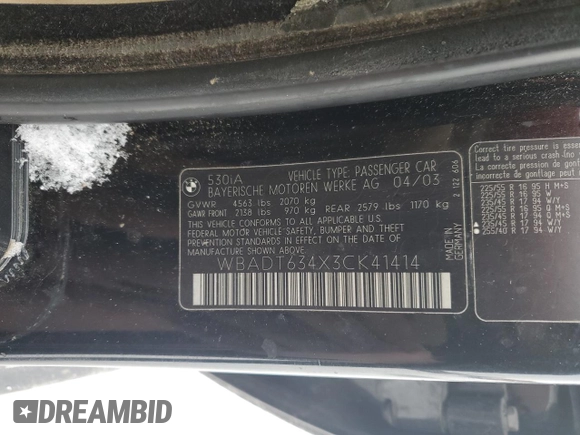 2003 BMW 5 Series 530iA with VIN WBADT634X3CK41414, listed as a Copart auction lot 85972294 with 153,889 mi miles and Salvage Title. Bid and sale history available at carsss.com. Image 12.