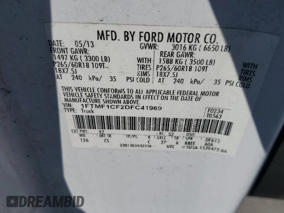 2013 Ford F-150 XL with VIN 1FTMF1CF2DFC41969, listed as a Copart auction lot 49729085 with 195,243 mi miles and Salvage title. Bid and sale history available at DreamBid. Image 14.
