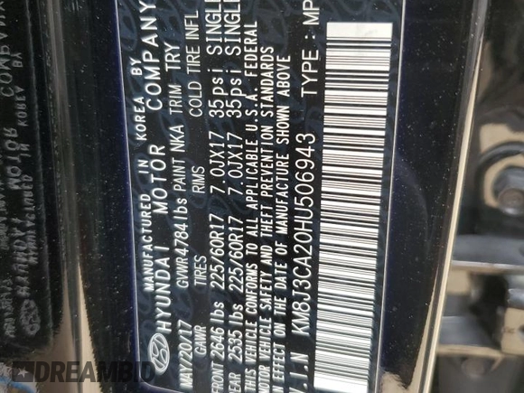 2017 Hyundai Tucson Sport with VIN KM8J3CA20HU506943, listed as a Copart auction lot 48129735 with 77,310 mi miles and Salvage Title. Bid and sale history available at DreamBid. Image 13.