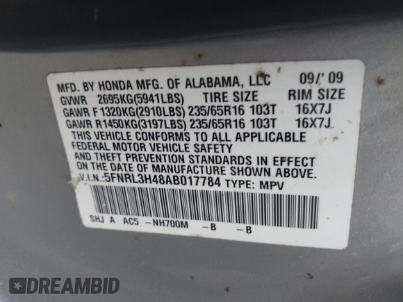 2010 Honda Odyssey EX with VIN 5FNRL3H48AB017784, listed as a IAAI auction lot 42096852 with 126,138 mi miles. Bid and sale history available at carsss.com. Image 9.