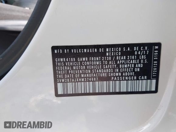 2017 Volkswagen Jetta S with VIN 3VW2B7AJXHM374687, listed as a IAAI auction lot 42596302 with 63,728 mi miles and . Bid and sale history available at DreamBid. Image 9.